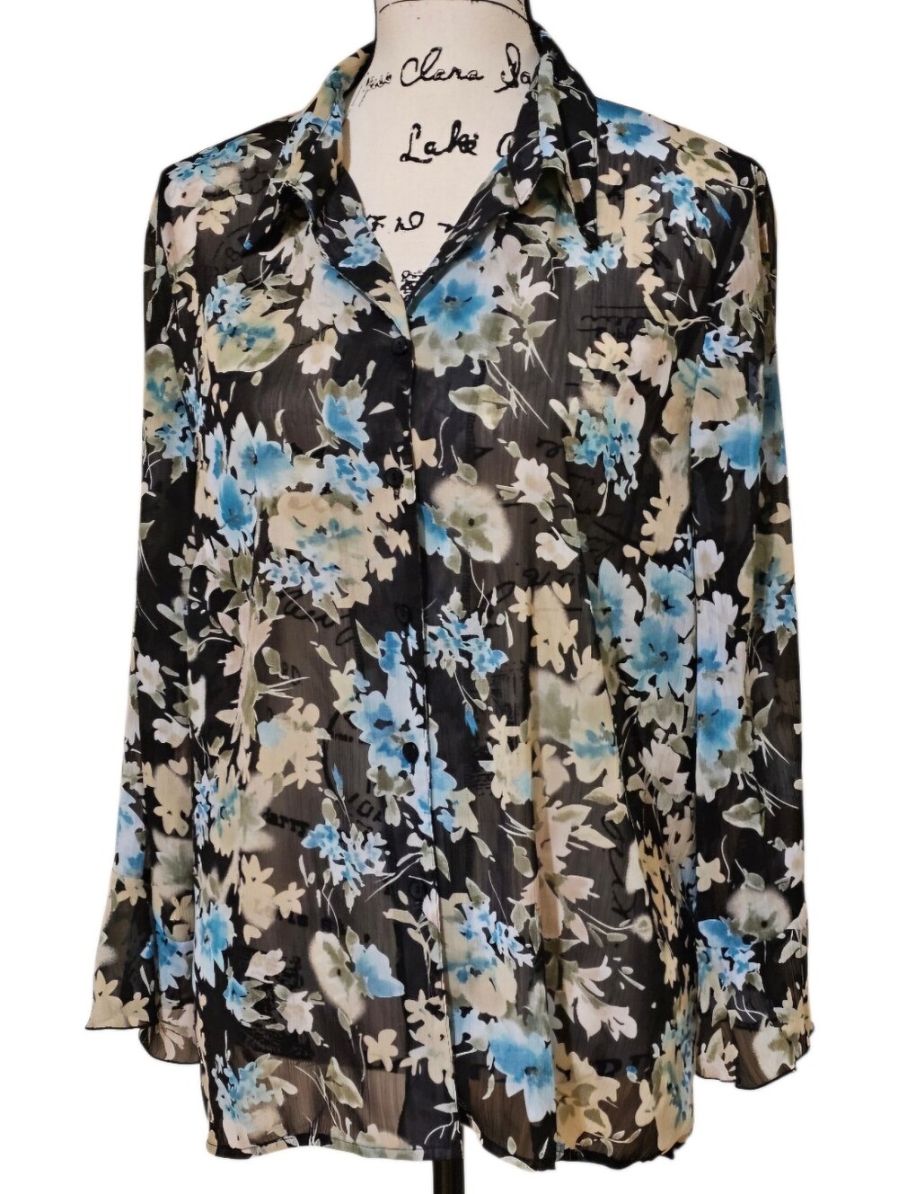 Notations Black Floral Button-Front Blouse with Blue & Cream Accents